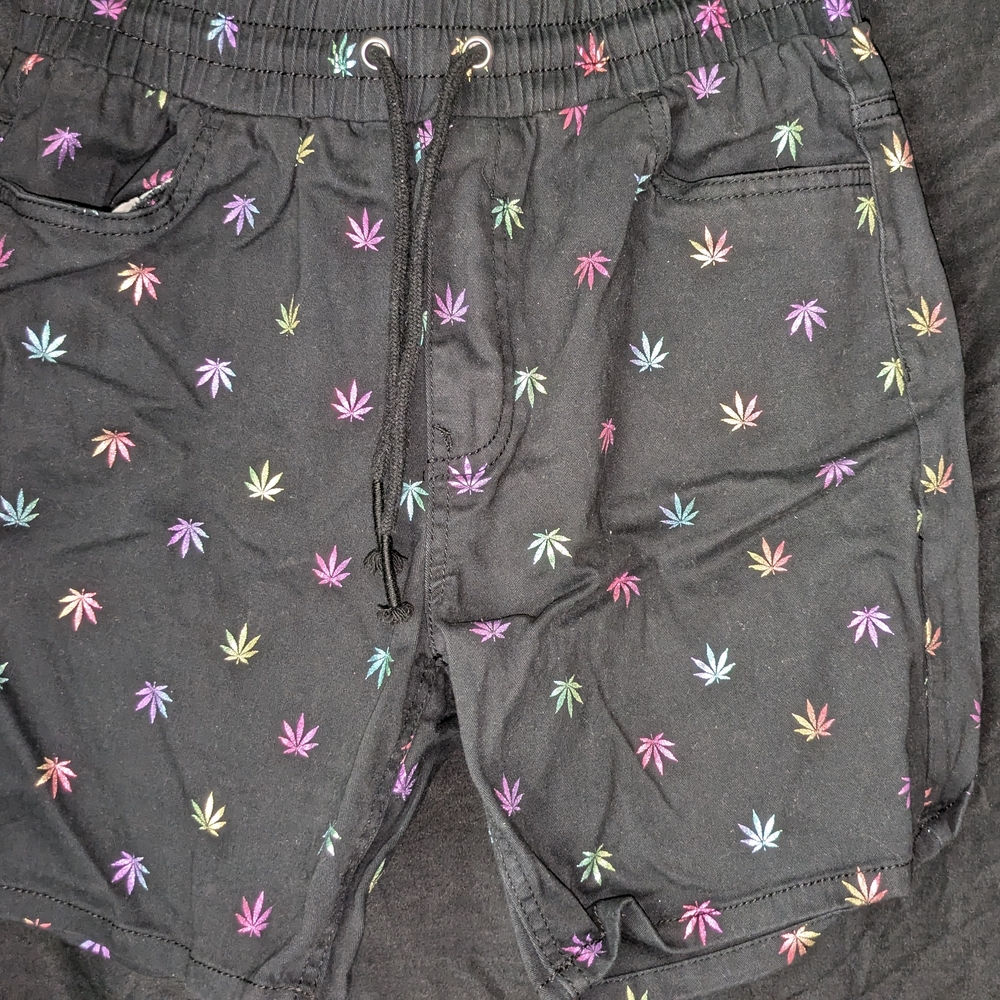 Black Shorts with Colorful Leaf Print